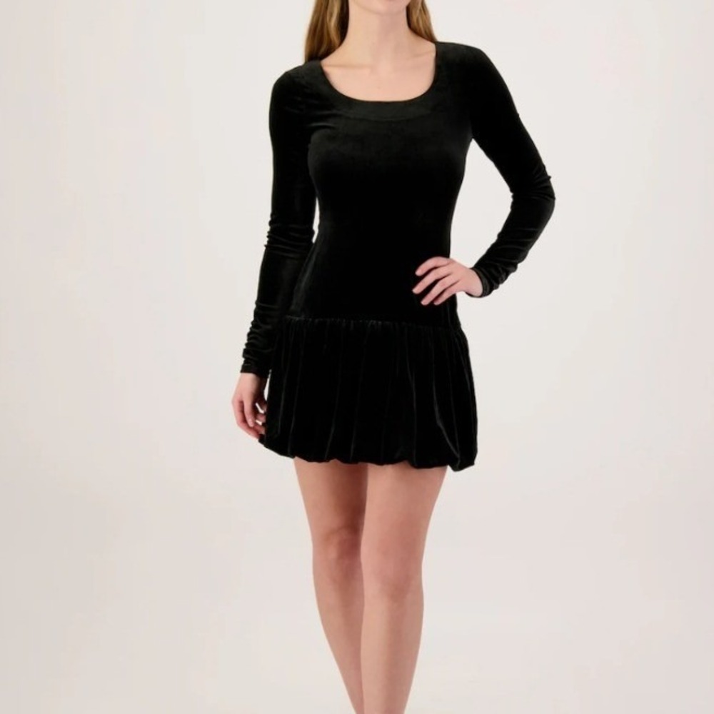 Emerald Sundae Black Velvet Drop Waist Bubble Mini Dress Long‎ Sleeve XL NEW
